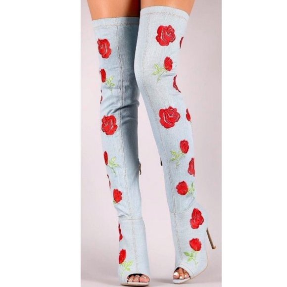 Shoes - EMBROIDERY Thigh High Heel Over Knee Stretch Open Toe  Rose Bud